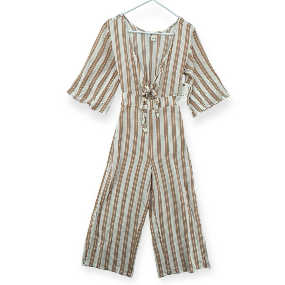 Billabong Link Up Jumpsuit Womens XS Striped Keyhole Tie Front 3/4 Sleeve NWT